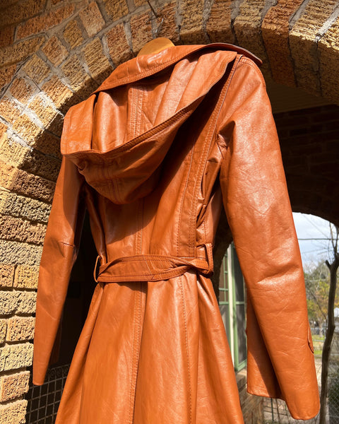 70s rust brown hooded leather trench (S/M)