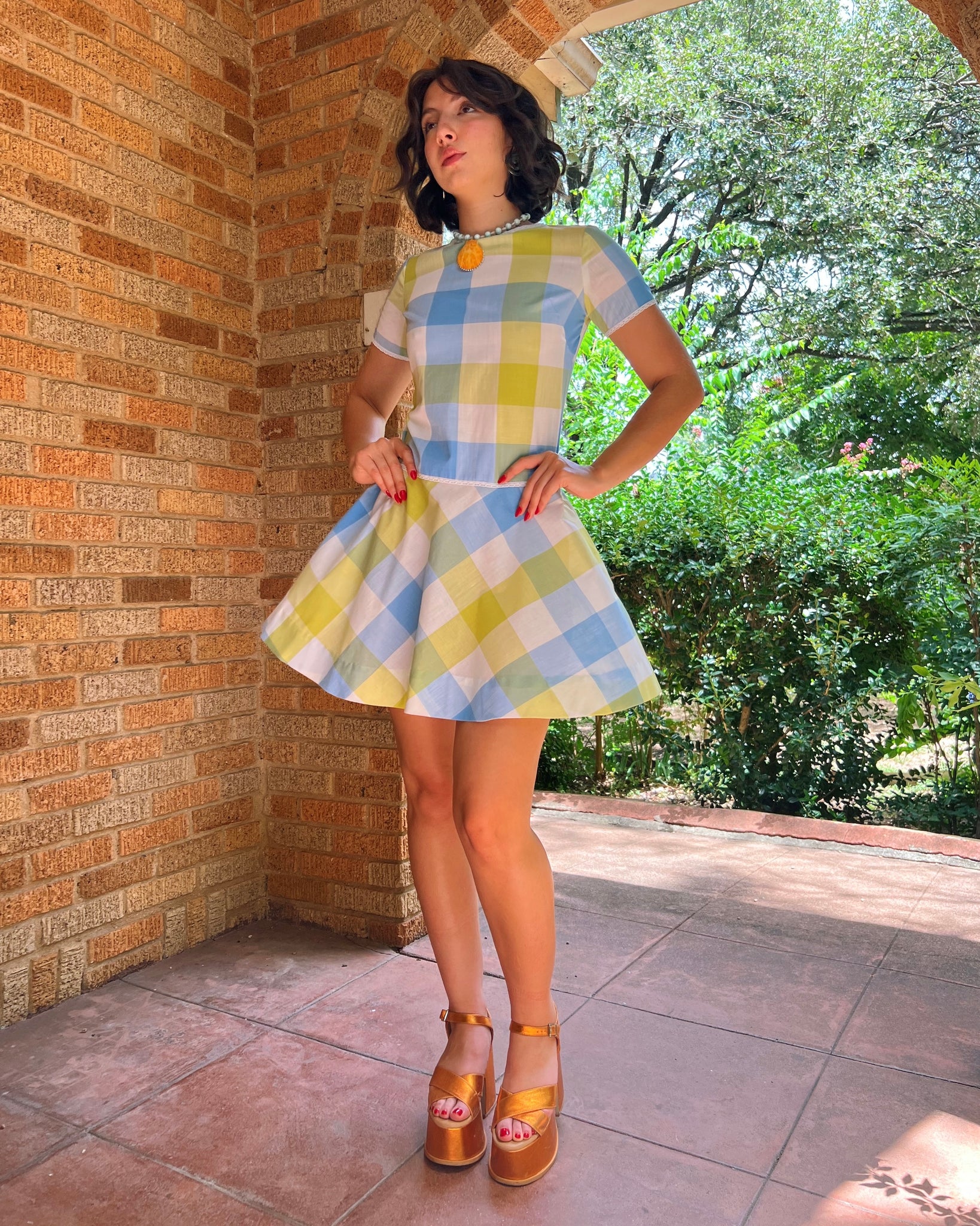 60s blue + chartreuse check mini dress (S)