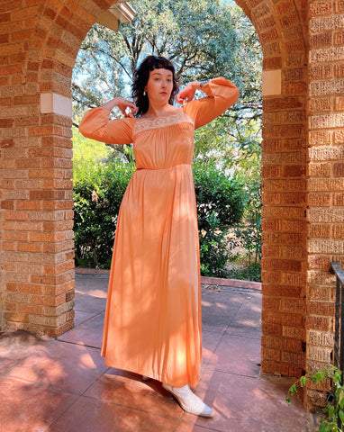 70s slinky peach maxi dress
