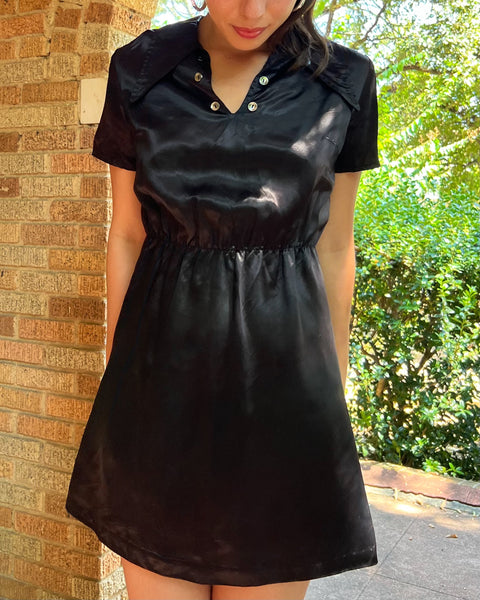 60s black liquid satin glam mini dress (S/M)