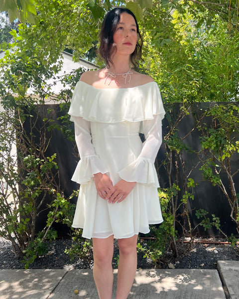70s off the shoulder ruffle mini dress (XS/S)
