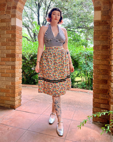 40s feedsack floral ribbon stripe skirt (29")