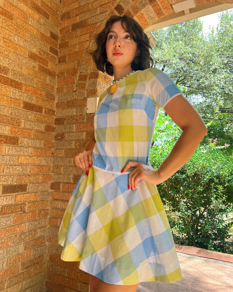 60s blue + chartreuse check mini dress (S)