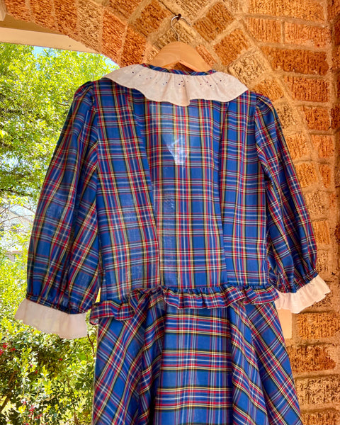 70s plaid ruffle basque waist midi dress (S/M)
