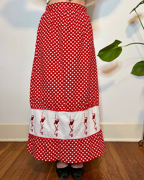 70s polka dot ‘love’ embroidered cotton maxi skirt (27/28”)