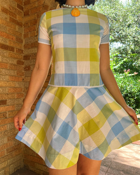 60s blue + chartreuse check mini dress (S)