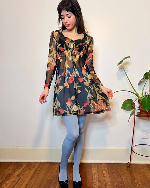 70s sheer floral mini dress (S/M)