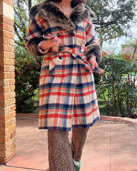 70s plaid wool coat with faux fur collar (S/M)