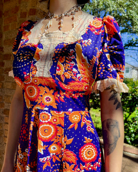 60s psychedelic hearts + flowers print maxi dress (S)