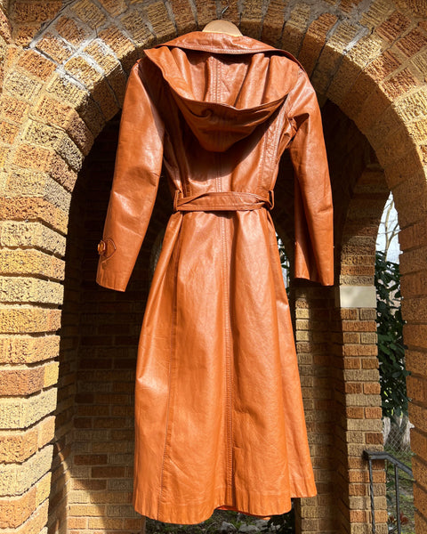 70s rust brown hooded leather trench (S/M)