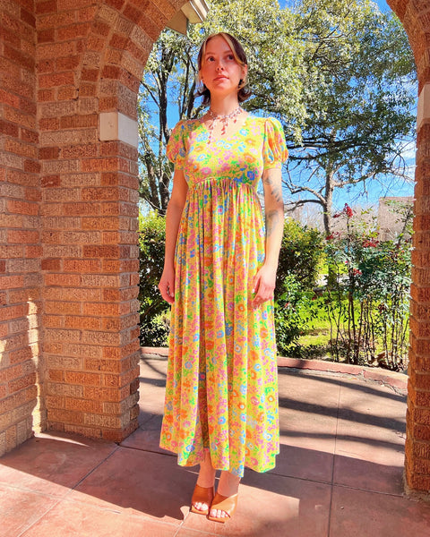 60s yellow floral puff sleeve babydoll dress (XS/S)