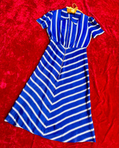 40s blue striped taffeta dress (M/L)