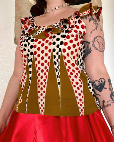 50s handmade polka dot ruffle collar top (L)