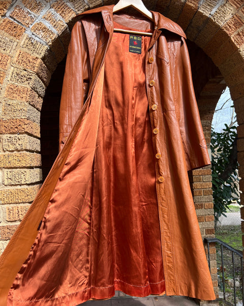 70s rust brown hooded leather trench (S/M)