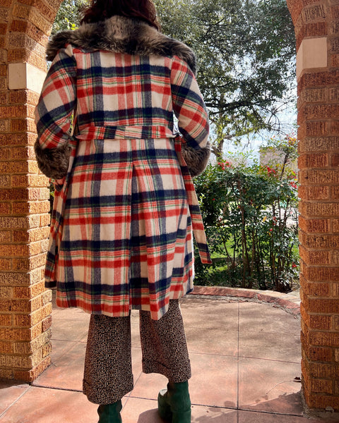 70s plaid wool coat with faux fur collar (S/M)