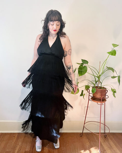 70s black fringe halter dress (S)