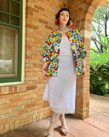 60s colorful cotton daisy print mismatched big button chore coat (S/M/L)