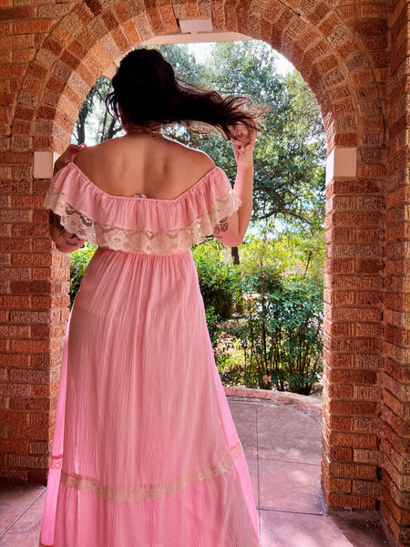 70s gauzy pink maxi dress