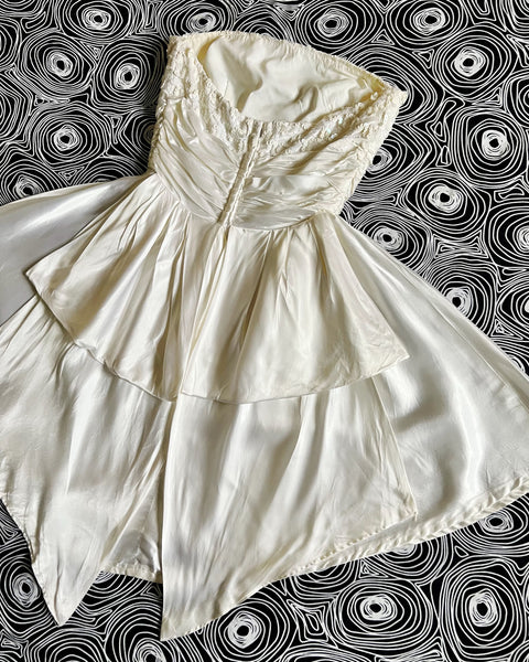 70s ivory satin sequin strapless mini dress (XS)