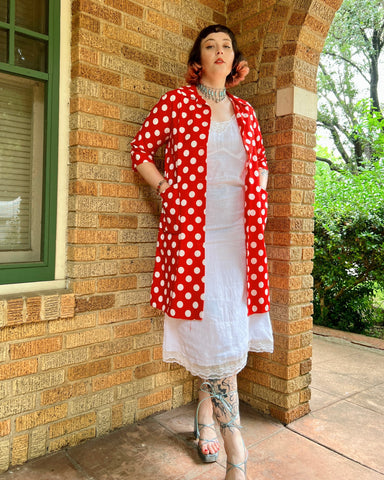60s red cotton polka dot chore coat (M)