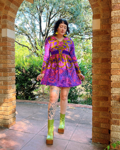 60s neon psychedelic barkcloth mini dress