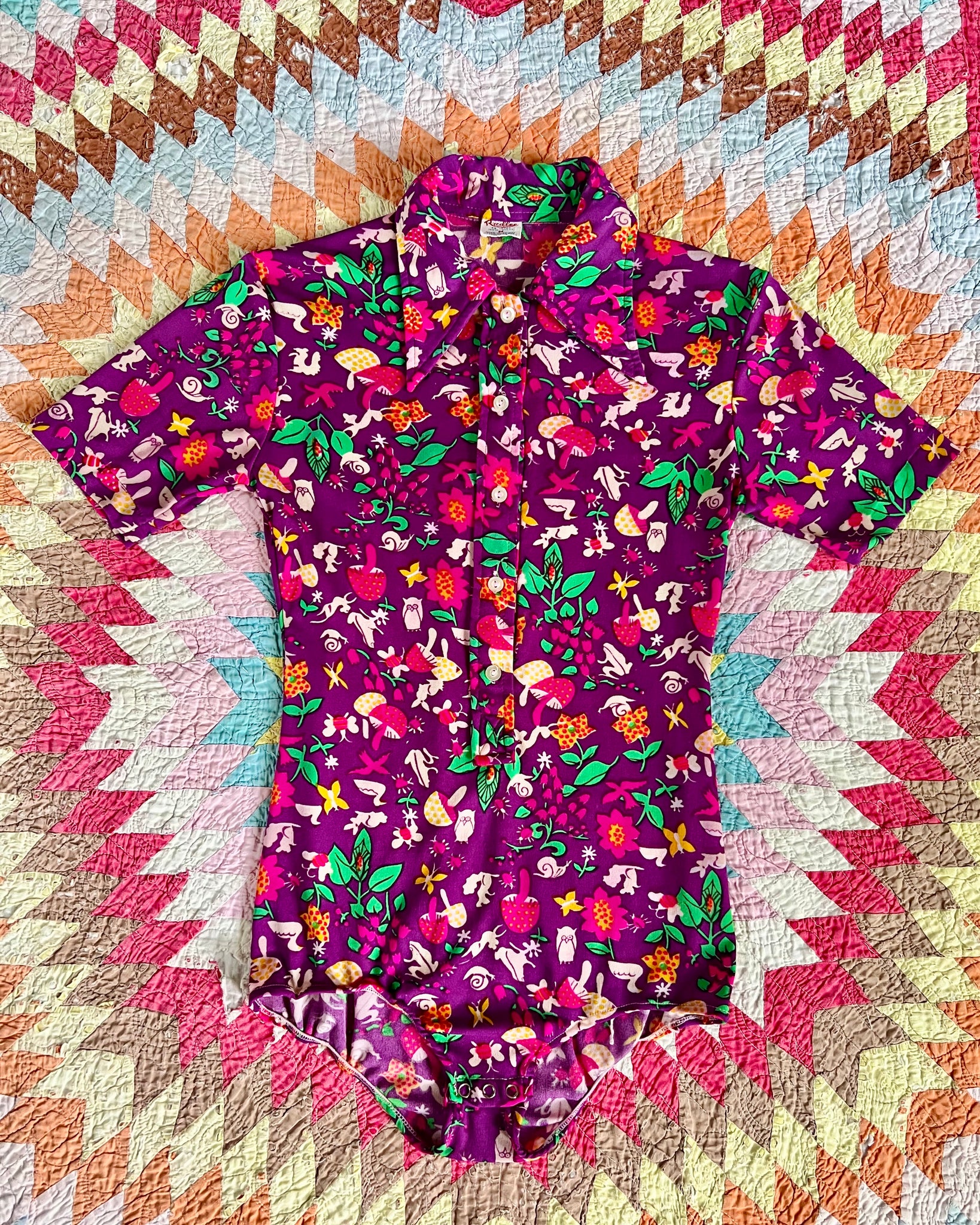 70s mushroom print dagger collar bodysuit (S/M)