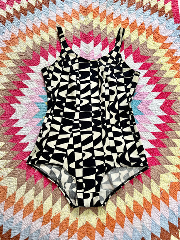 60s black + white checkered op art swimsuit (S/M)