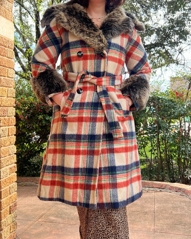 70s plaid faux fur wool belted jacket (S/M)