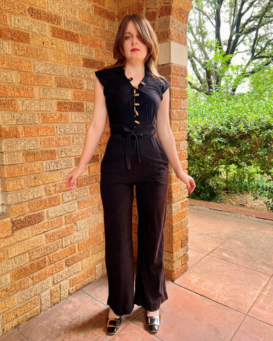 70s black wooden button flared jumpsuit (XS/S)