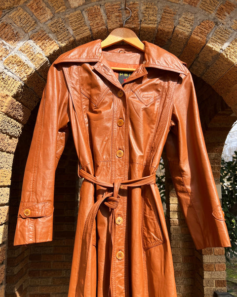 70s rust brown hooded leather trench (S/M)