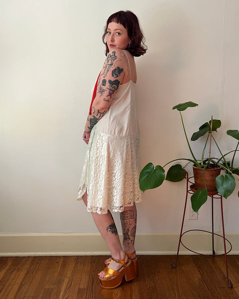 80s pale seafoam asymmetrical lace slip dress (L/XL)