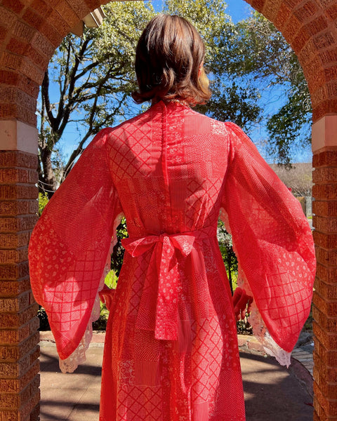 70s dramatic bishop sleeve patchwork print maxi dress (S)
