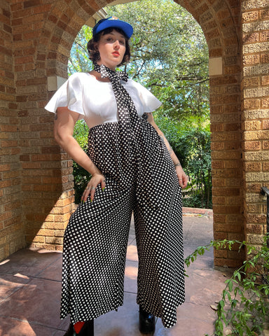 70s polka dot palazzo pant flutter sleeve jumpsuit (M)