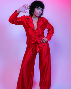 70s shimmery red satin disco jumpsuit (M)