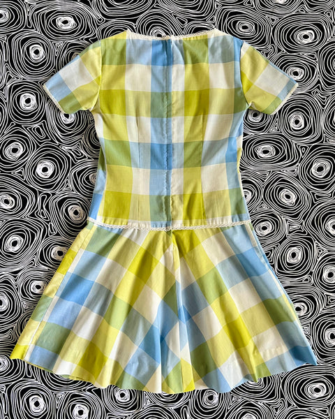 60s blue + chartreuse check mini dress (S)