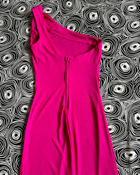 70s ‘funky’ one shoulder hot pink disco dress (XS-M)