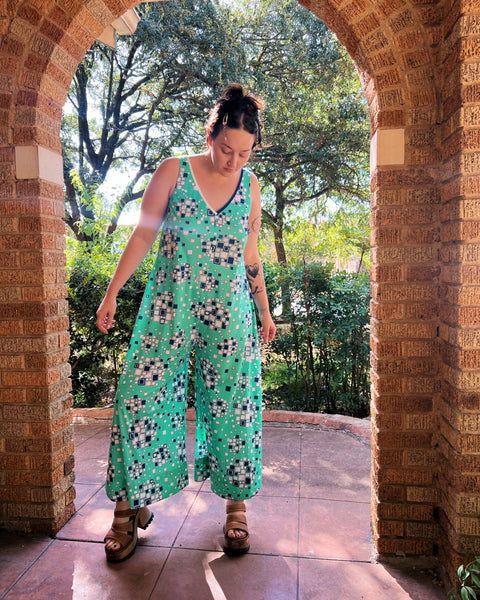 70s wide leg geo print jumpsuit