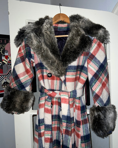 70s plaid wool coat with faux fur collar (S/M)