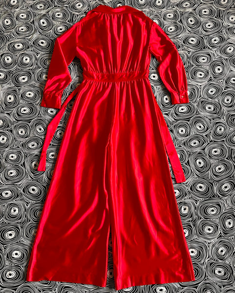 70s shimmery red satin disco jumpsuit (M)