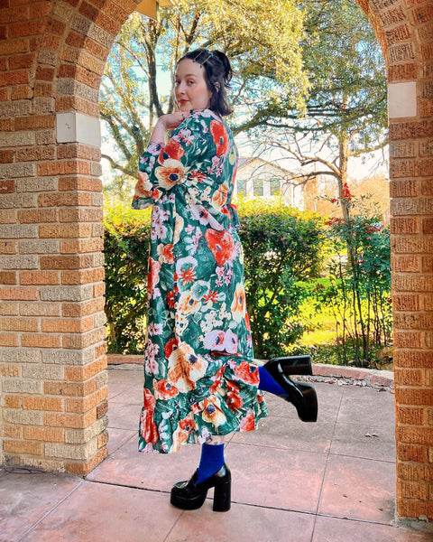 70s green floral zip front ruffle maxi dress (S/M)