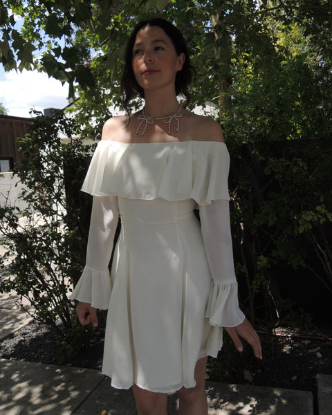 70s off the shoulder ruffle mini dress (XS/S)