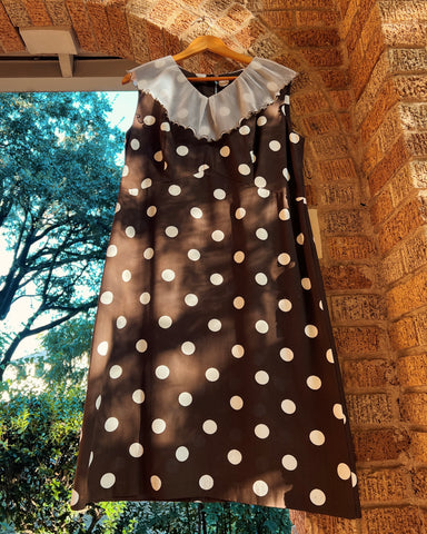 60s brown polka accordion pleat collar dress (L)