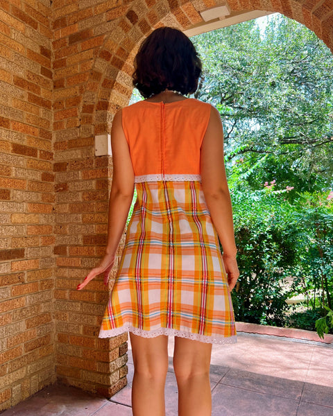 70s orange plaid patch pocket dress (S)