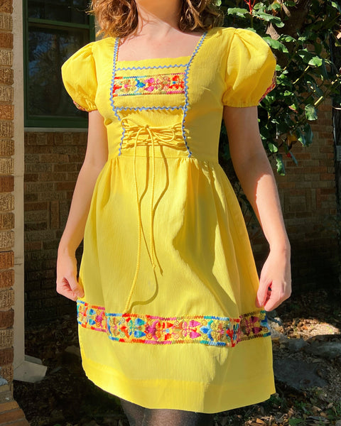 70s yellow embroidered corset mini dress (XS/S)