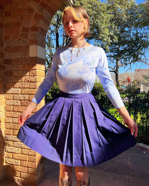 50s navy cotton side zip pleated skirt (25”)