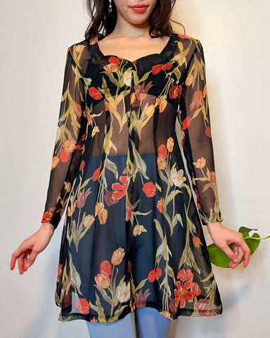 70s sheer floral mini dress (S/M)