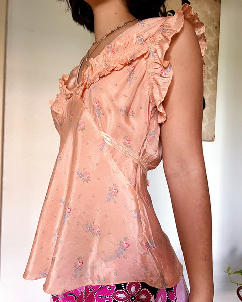 30s peachy floral rayon pajama top (M)