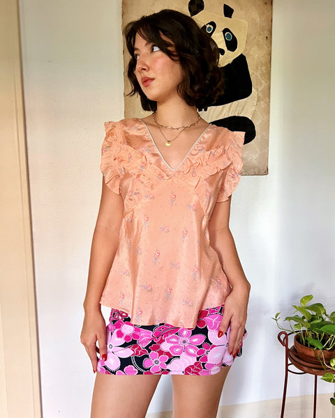 30s peachy floral rayon pajama top (M)