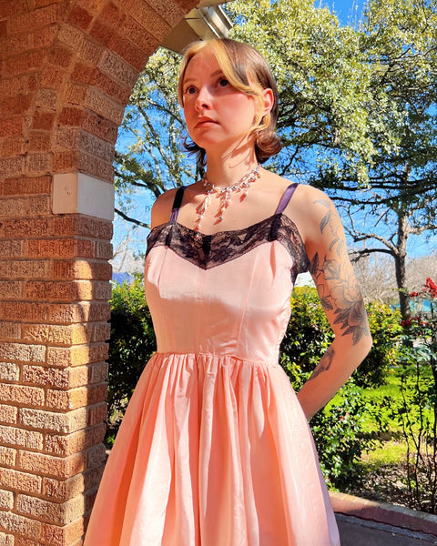 40s blush pink taffeta + black lace dress (S)
