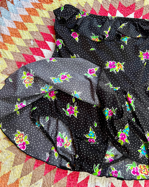 80s black floral skirted swimsuit (S/M)